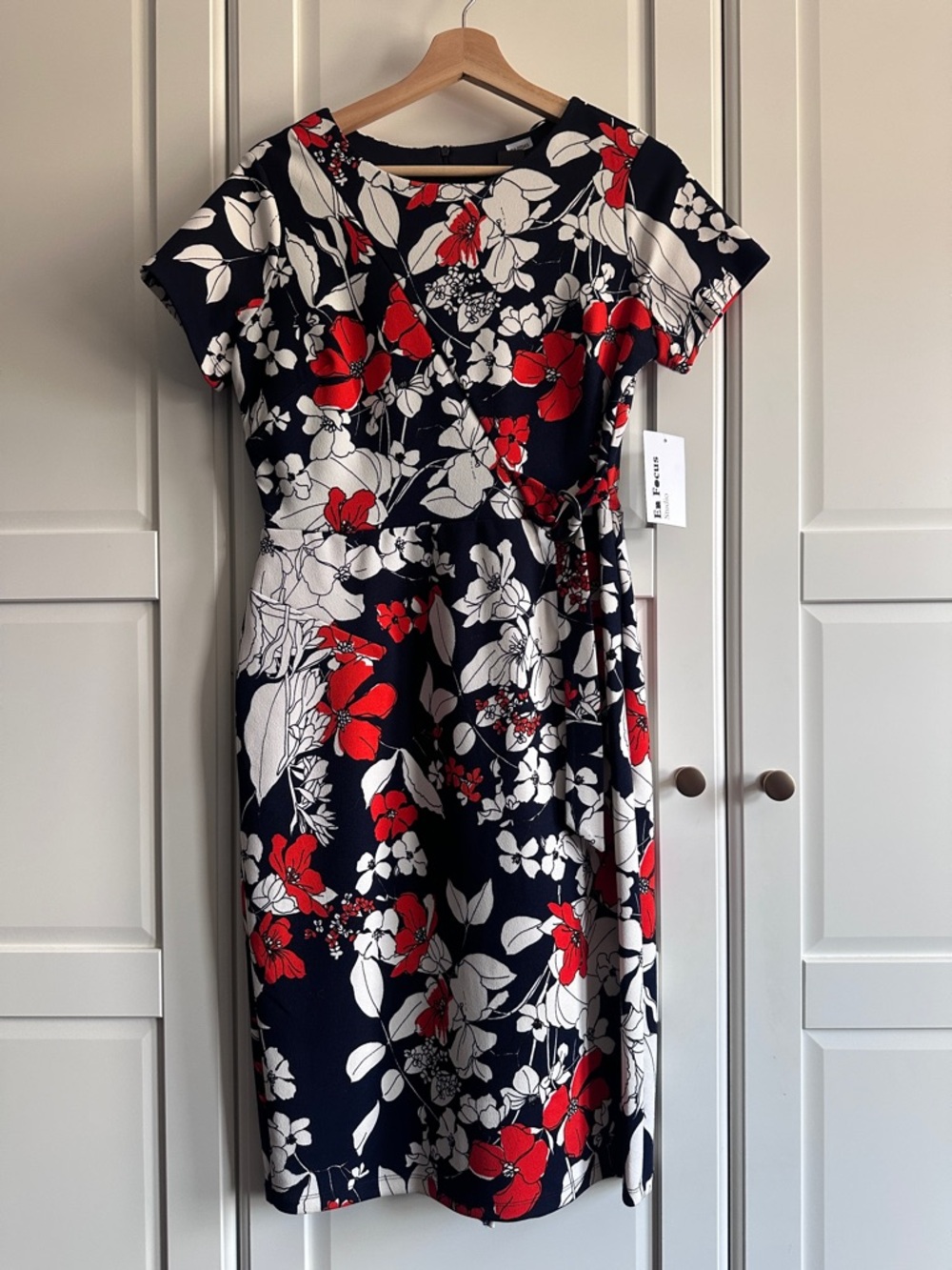 Enfocus Studio Navy Floral Wrap Midi Dress with Red & White Blooms